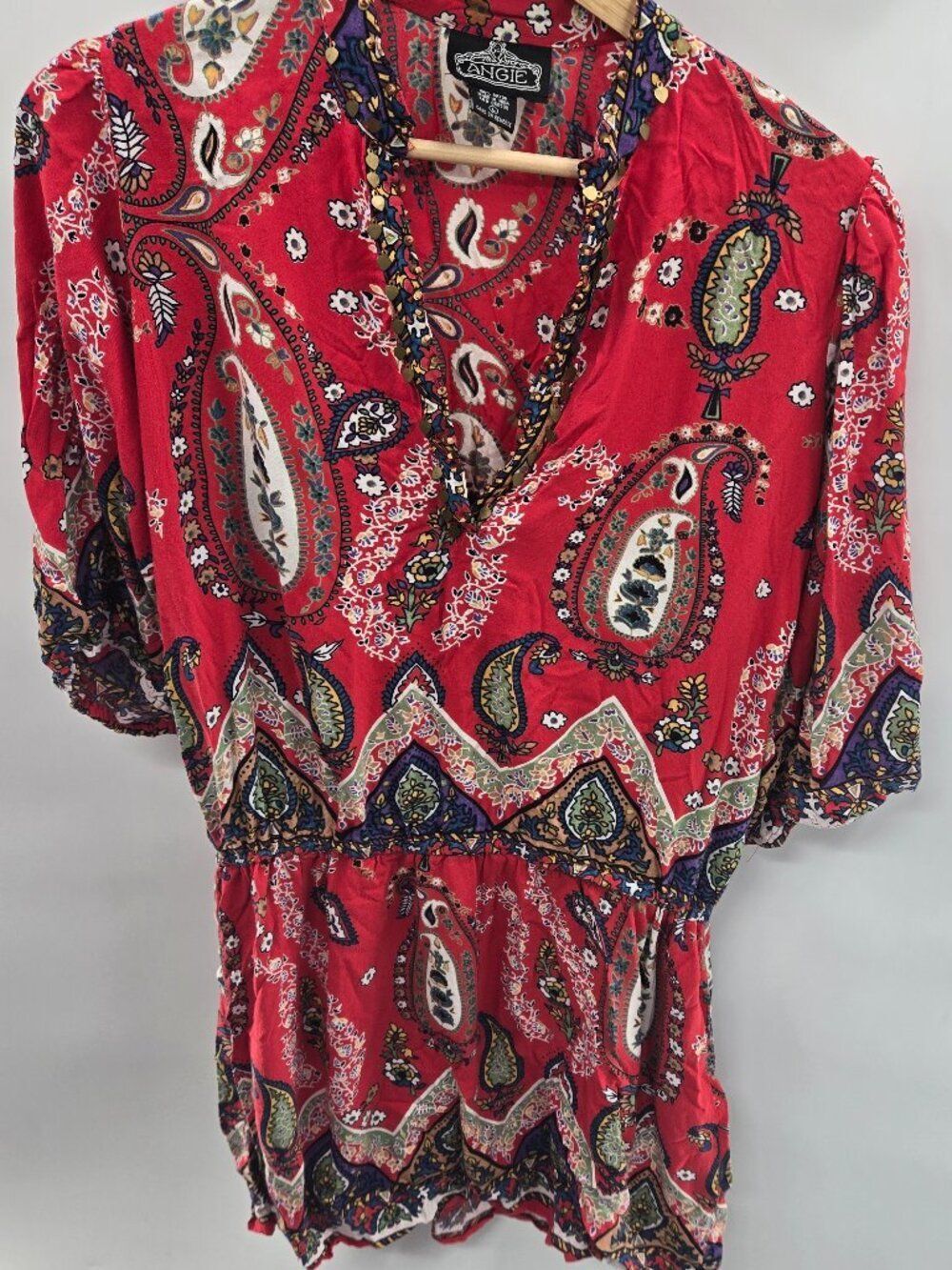 Angie Red Paisley Boho Smocked Mini Dress V-Neck Beaded Size Large